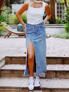 Denim Maxi Skirt with Front Slit - Light Blue